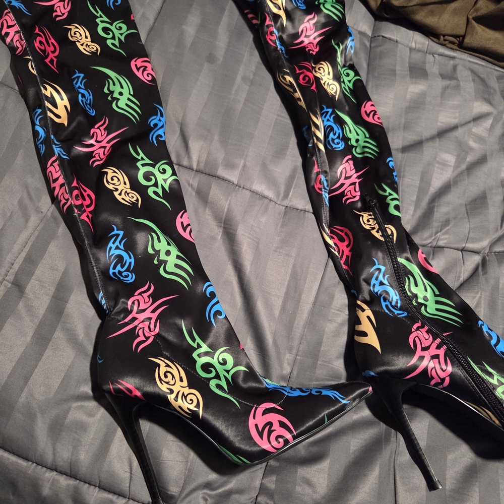 Black Thigh-High Stiletto Boots with Neon Tribal Print Size 8